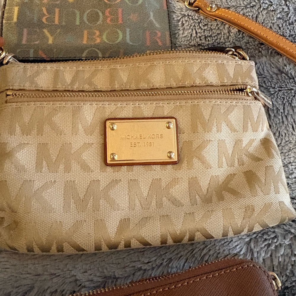 Michael Kors Tan Beige MK Logo Crossbody with Gold Plate
